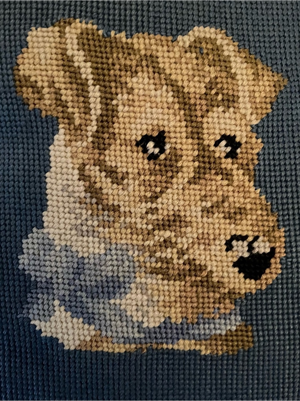 VTG Needlepoint Terrier Blue Dog Pillow Velvet Back 13x13 Cushion Cottagecore - Picture 2 of 7